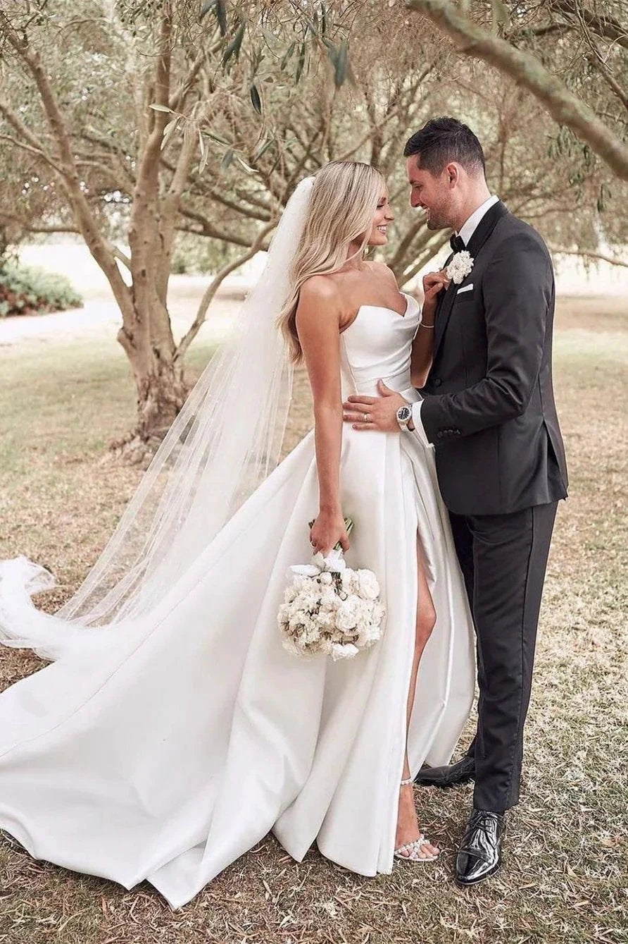 Beautiful Simple White A-line Wedding Dress With Side Slit by misshow.com