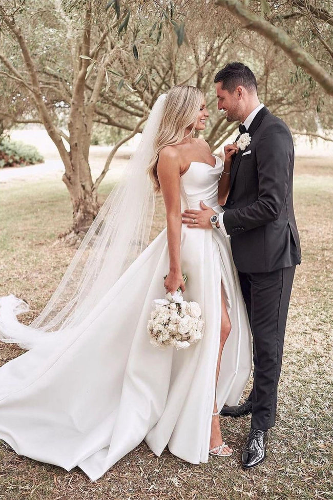 Beautiful Simple White A-line Wedding Dress With Side Slit Main Image