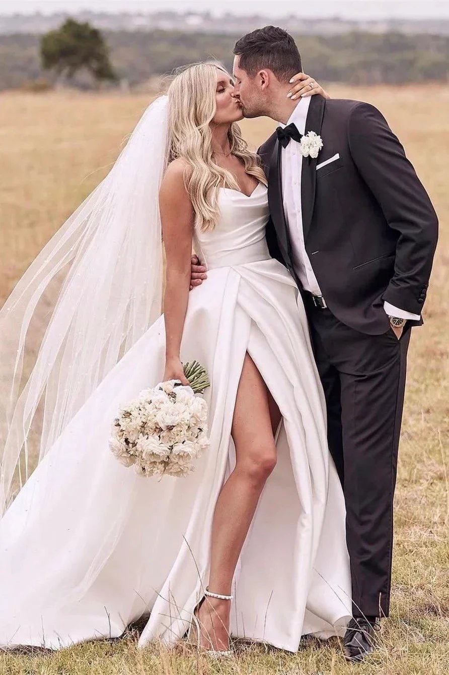 Beautiful Simple White A-line Wedding Dress With Side Slit by misshow.com