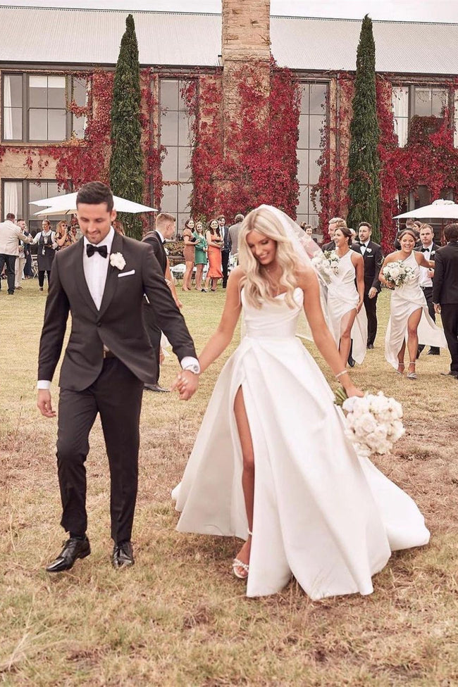 Beautiful Simple White A-line Wedding Dress With Side Slit Hover Image