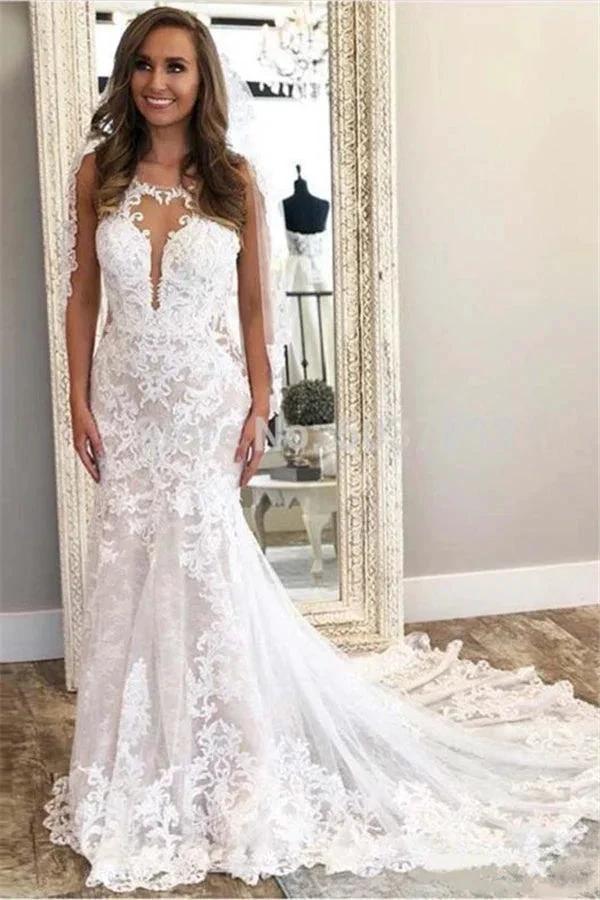 Beautiful Sleeveless Column Lace Wedding Dress On Sale by misshow.com