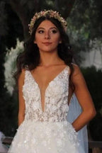 Beautiful Spaghetti Sleeveless A-Line Floor-Length Tulle Wedding Dresses with Chapel Train by misshow.com