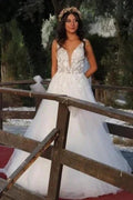Beautiful Spaghetti Sleeveless A-Line Floor-Length Tulle Wedding Dresses with Chapel Train by misshow.com