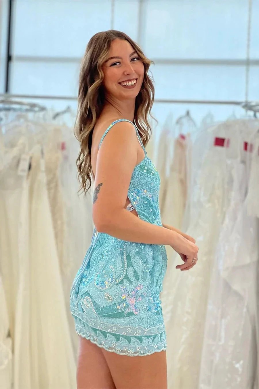 Beautiful Spaghetti Straps Backless Sleeveless Homecoming Dress With Lace by misshow.com