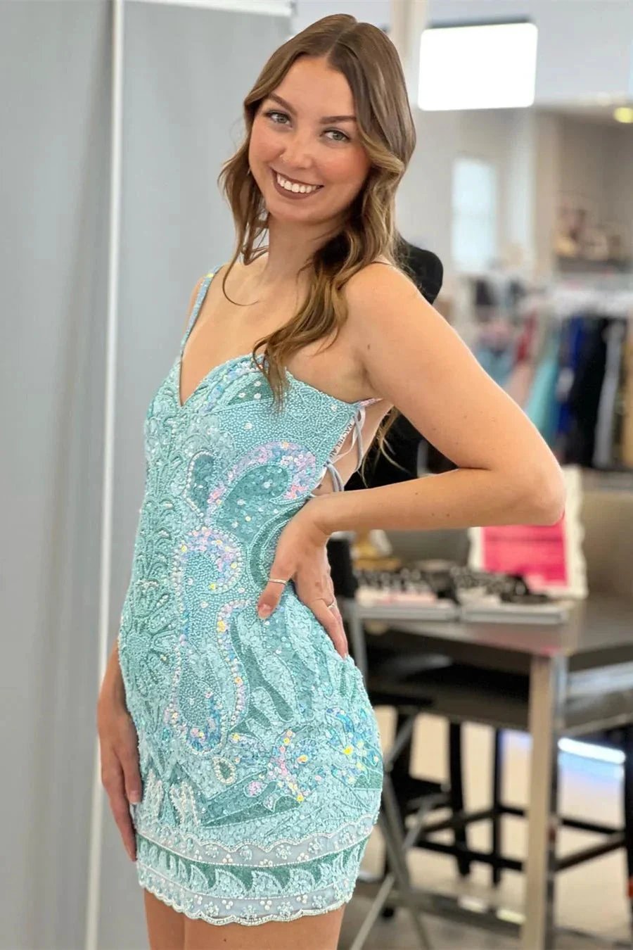 Beautiful Spaghetti Straps Backless Sleeveless Homecoming Dress With Lace by misshow.com