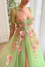 Beautiful spaghetti straps sleeveless a-line soft net evening dresses split front by misshow.com