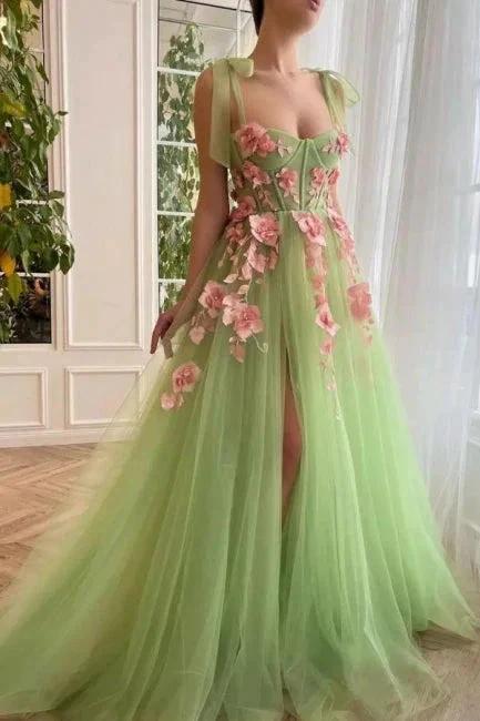 Beautiful spaghetti straps sleeveless a-line soft net evening dresses split front by misshow.com