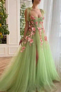 Beautiful spaghetti straps sleeveless a-line soft net evening dresses split front by misshow.com