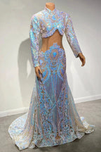 Beautiful Two Piece High-neck Long Sleeve Floor-length A-Line Prom Dresses by misshow.com