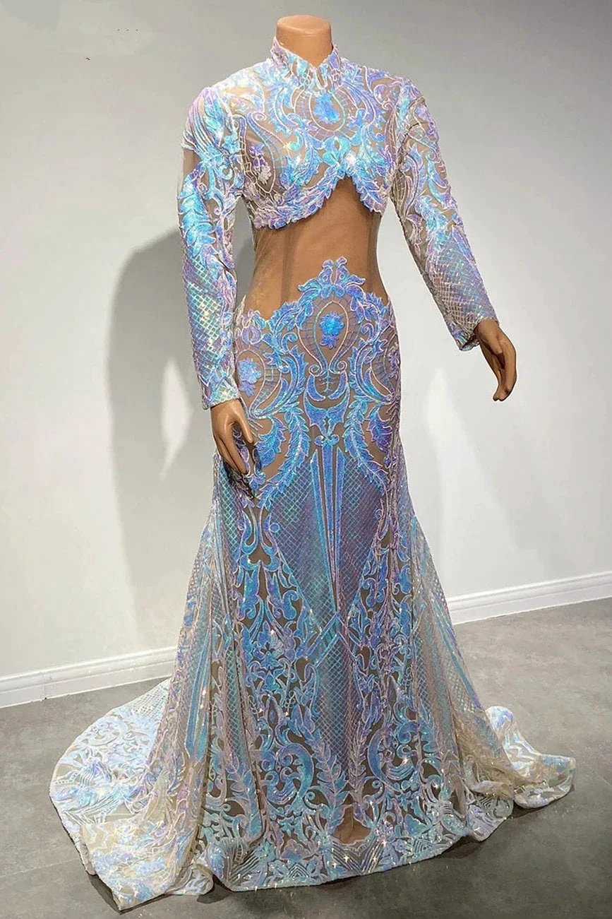 Beautiful Two Piece High-neck Long Sleeve Floor-length A-Line Prom Dresses by misshow.com