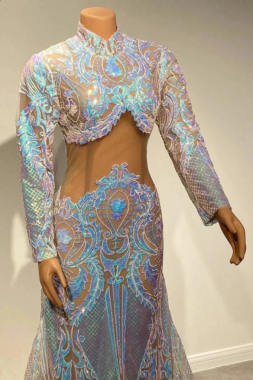Beautiful Two Piece High-neck Long Sleeve Floor-length A-Line Prom Dresses by misshow.com
