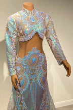 Beautiful Two Piece High-neck Long Sleeve Floor-length A-Line Prom Dresses by misshow.com