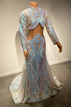Beautiful Two Piece High-neck Long Sleeve Floor-length A-Line Prom Dresses by misshow.com