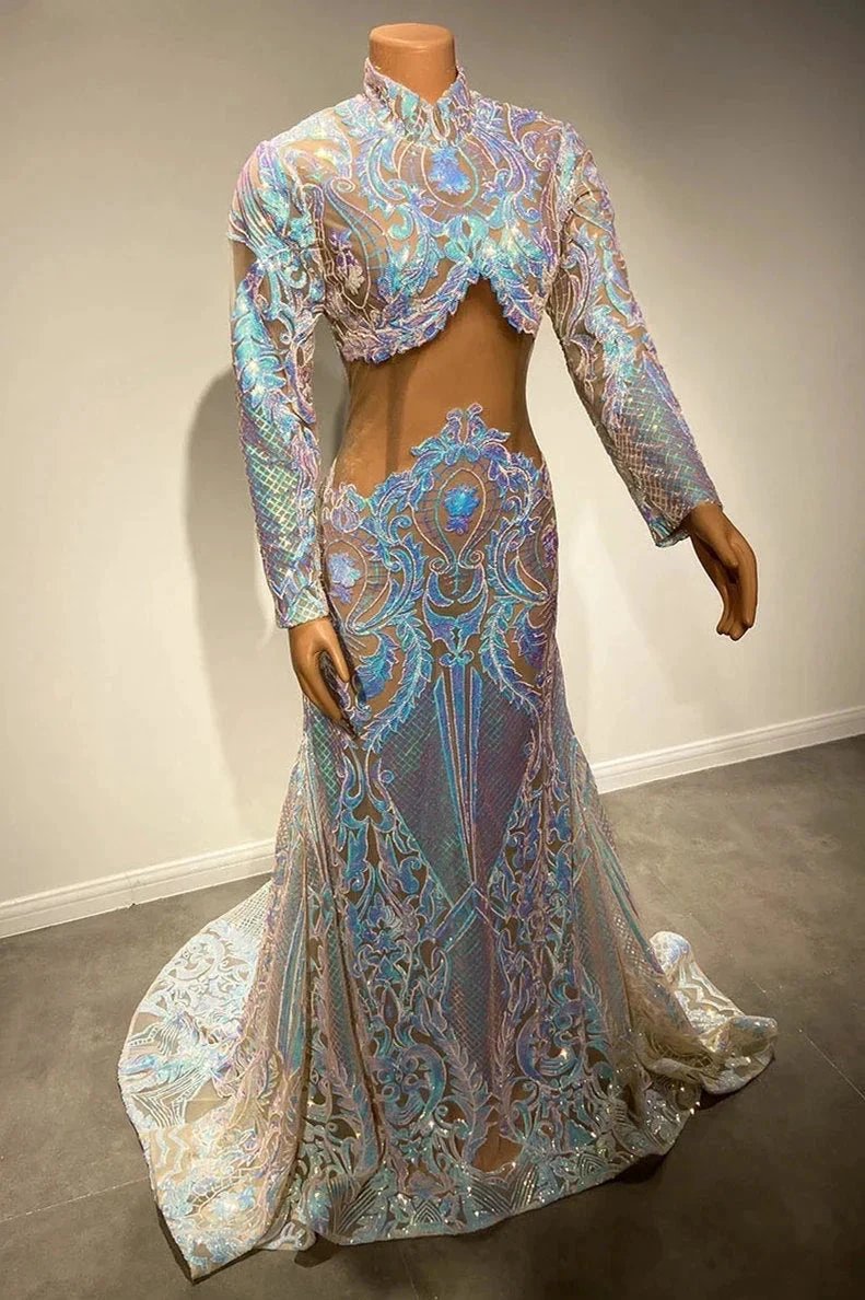 Beautiful Two Piece High-neck Long Sleeve Floor-length A-Line Prom Dresses by misshow.com