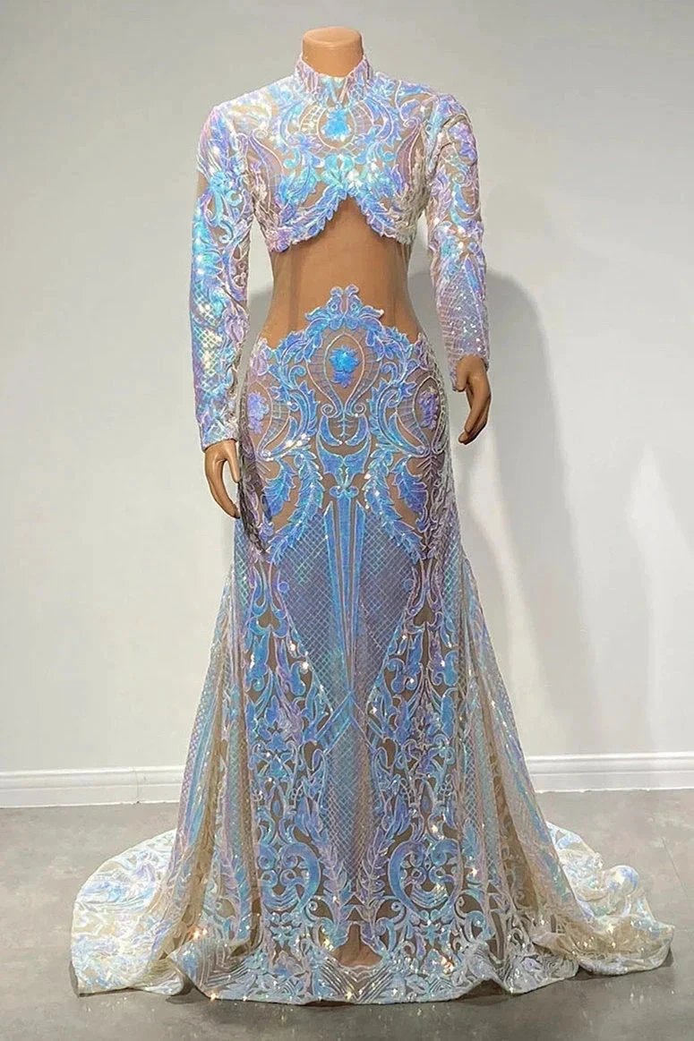Beautiful Two Piece High-neck Long Sleeve Floor-length A-Line Prom Dresses by misshow.com