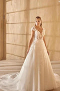 Beautiful V-neck Long A-line Lace Tulle Sleeveless Wedding Dresses by misshow.com