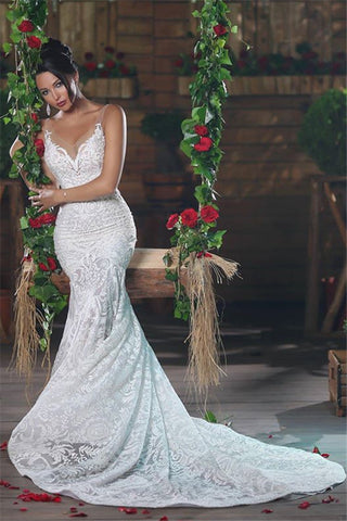 Wunderschönes Meerjungfrau-Brautkleid im V-Ausschnitt, lang, atemberaubend, Spitze, offener Rücken, Tüllträger, Brautmode