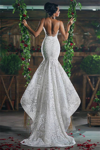 Wunderschönes Meerjungfrau-Brautkleid im V-Ausschnitt, lang, atemberaubend, Spitze, offener Rücken, Tüllträger, Brautmode