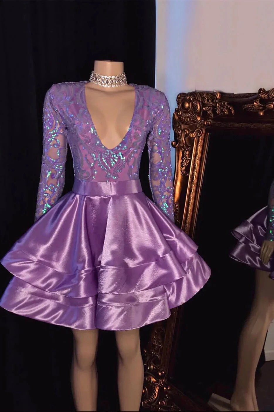 Beautiful V-neck Mini Prom Dress With Long Sleeves by misshow.com