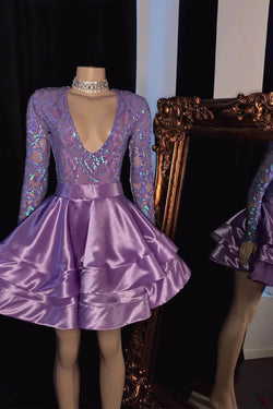 Beautiful V-neck Mini Prom Dress With Long Sleeves by misshow.com