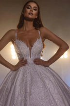 Beautiful White A-line Spaghetti Straps V-neck Wedding Dress With Lace by misshow.com