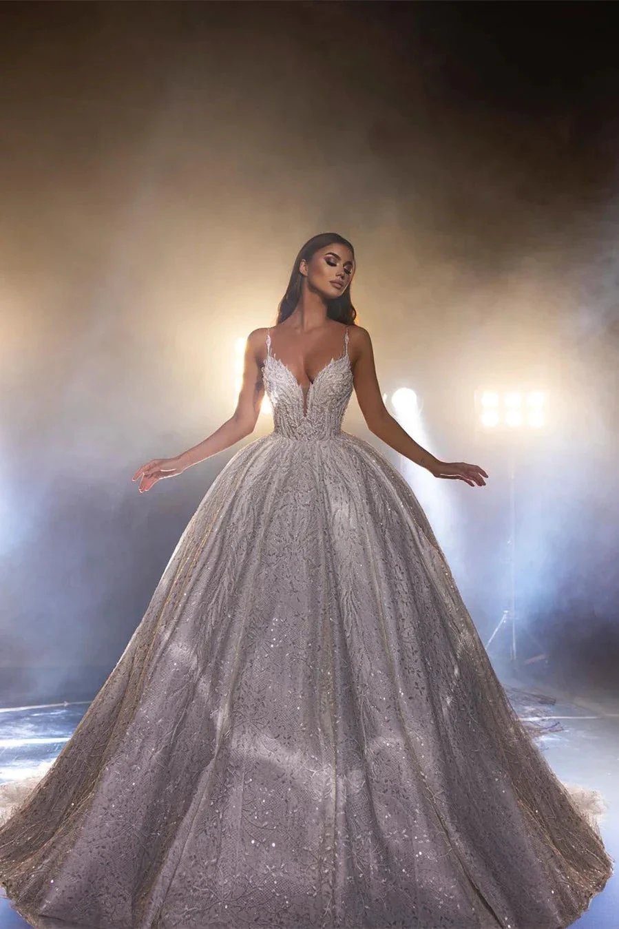 Beautiful White A-line Spaghetti Straps V-neck Wedding Dress With Lace by misshow.com