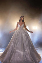 Beautiful White A-line Spaghetti Straps V-neck Wedding Dress With Lace by misshow.com