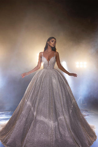 Beautiful White A-line Spaghetti Straps V-neck Wedding Dress With Lace
