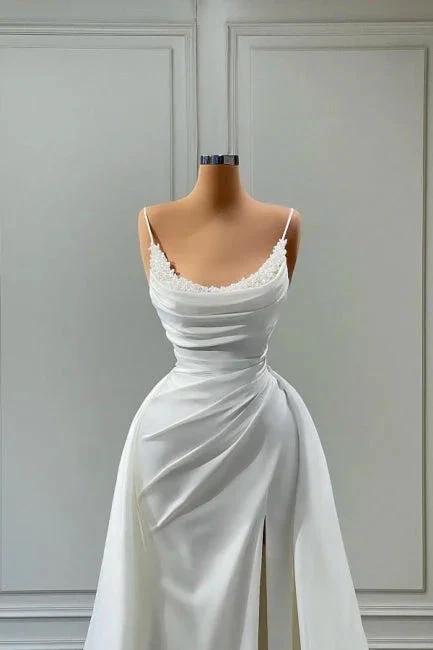 Beautiful White Long A-line Spaghetti Straps Wedding Dresses With Beads by misshow.com