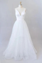 Beautiful White Long A-line V-neck Tulle Backless Wedding Dress by BIZTUNNEL