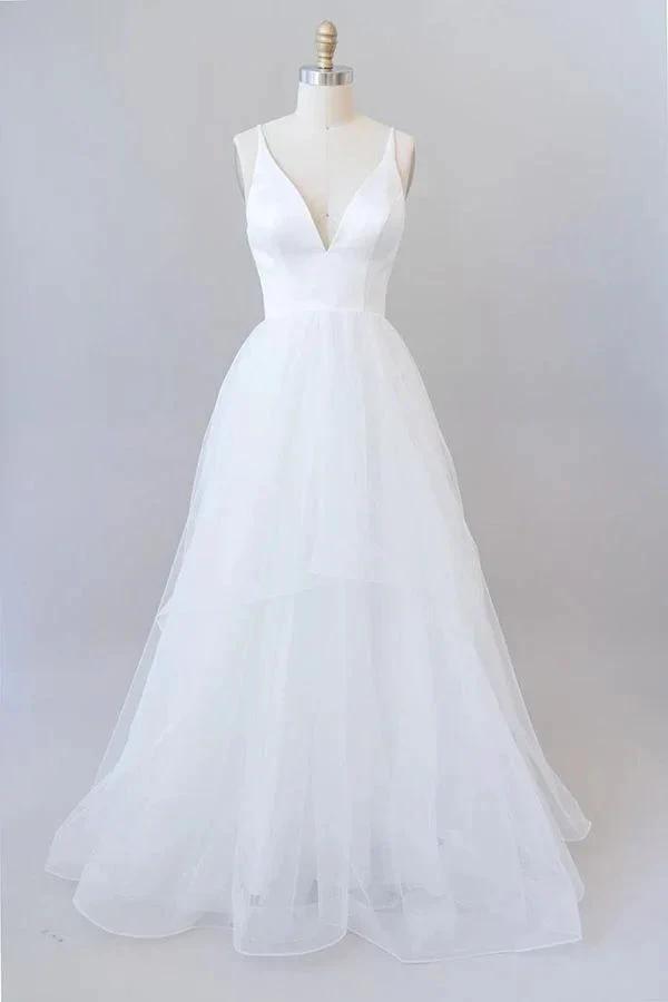 Beautiful White Long A-line V-neck Tulle Backless Wedding Dress by BIZTUNNEL