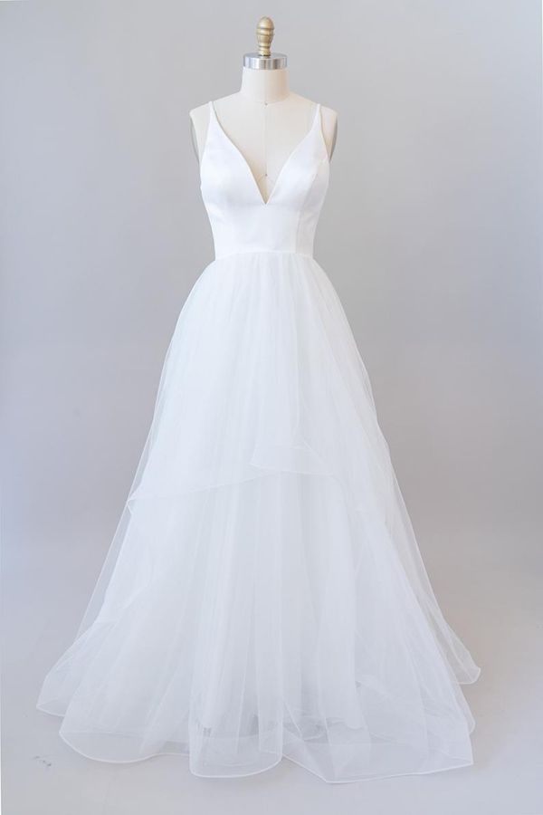 Beautiful White Long A-line V-neck Tulle Backless Wedding Dress Main Image