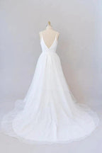 Beautiful White Long A-line V-neck Tulle Backless Wedding Dress by BIZTUNNEL