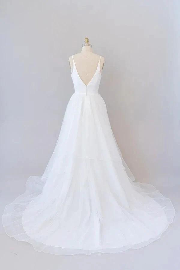 Beautiful White Long A-line V-neck Tulle Backless Wedding Dress by BIZTUNNEL