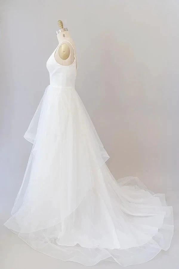 Beautiful White Long A-line V-neck Tulle Backless Wedding Dress by BIZTUNNEL