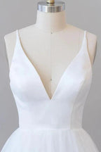 Beautiful White Long A-line V-neck Tulle Backless Wedding Dress by BIZTUNNEL
