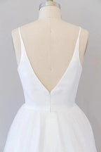 Beautiful White Long A-line V-neck Tulle Backless Wedding Dress by BIZTUNNEL