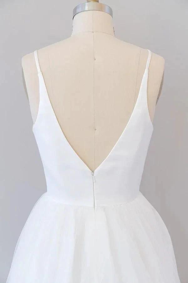 Beautiful White Long A-line V-neck Tulle Backless Wedding Dress by BIZTUNNEL