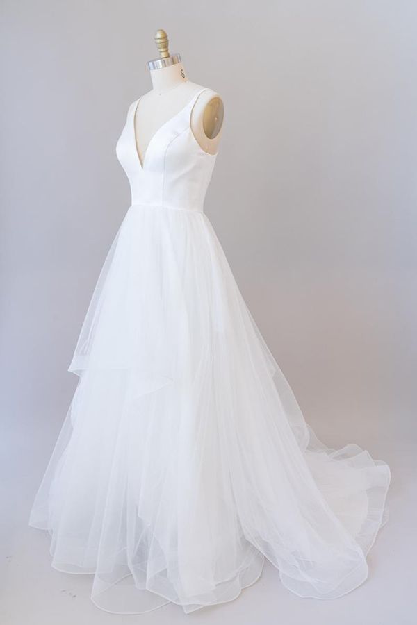 Beautiful White Long A-line V-neck Tulle Backless Wedding Dress Hover Image