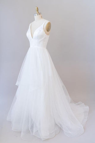 Beautiful White Long A-line V-neck Tulle Backless Wedding Dress