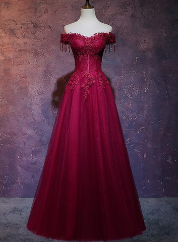 Hermoso vestido de fiesta largo de tul rojo vino con escote en forma de corazón y corte A