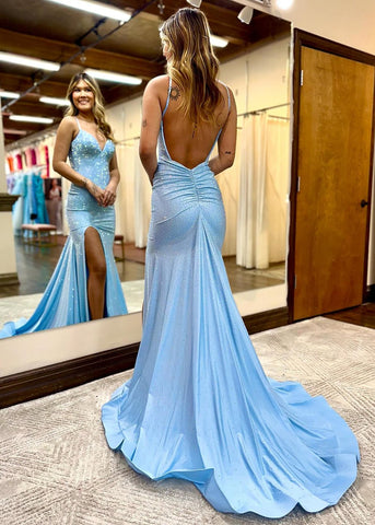 Königsblaues, perlenbesetztes Meerjungfrau-Ballkleid mit V-Ausschnitt und Schlitz