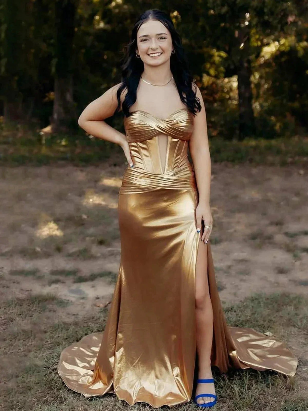Bencelina | Mermaid Sweetheart Green Metallic Long Prom Dress with Slit by KissProm