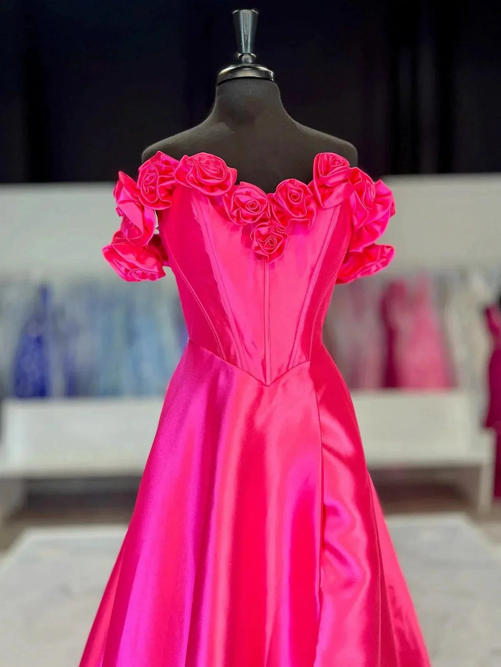 Benson | Fuchsia Off the Shoulder Corset Bodice A-Line Prom Dress by KissProm