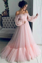 Best Long A-line Off-the-shoulder Tulle Prom Dress with Sleeves by BIZTUNNEL