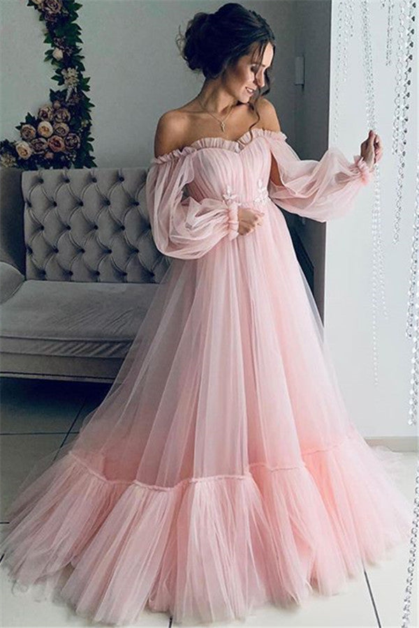 Best Long A-line Off-the-shoulder Tulle Prom Dress with Sleeves Main Image