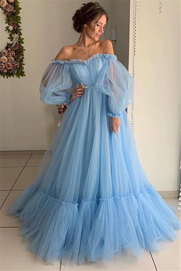 Best Long A-line Off-the-shoulder Tulle Prom Dress with Sleeves Hover Image
