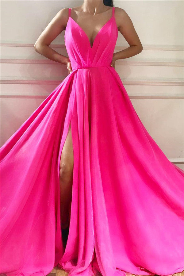 Best Long A-line V-neck Chiffon Prom Dress with Slit Hover Image
