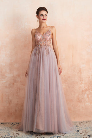 Bestes langes ärmelloses A-Linien-Ballkleid aus Tüll mit V-Ausschnitt und Schlitz