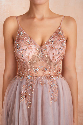 Bestes langes ärmelloses A-Linien-Ballkleid aus Tüll mit V-Ausschnitt und Schlitz